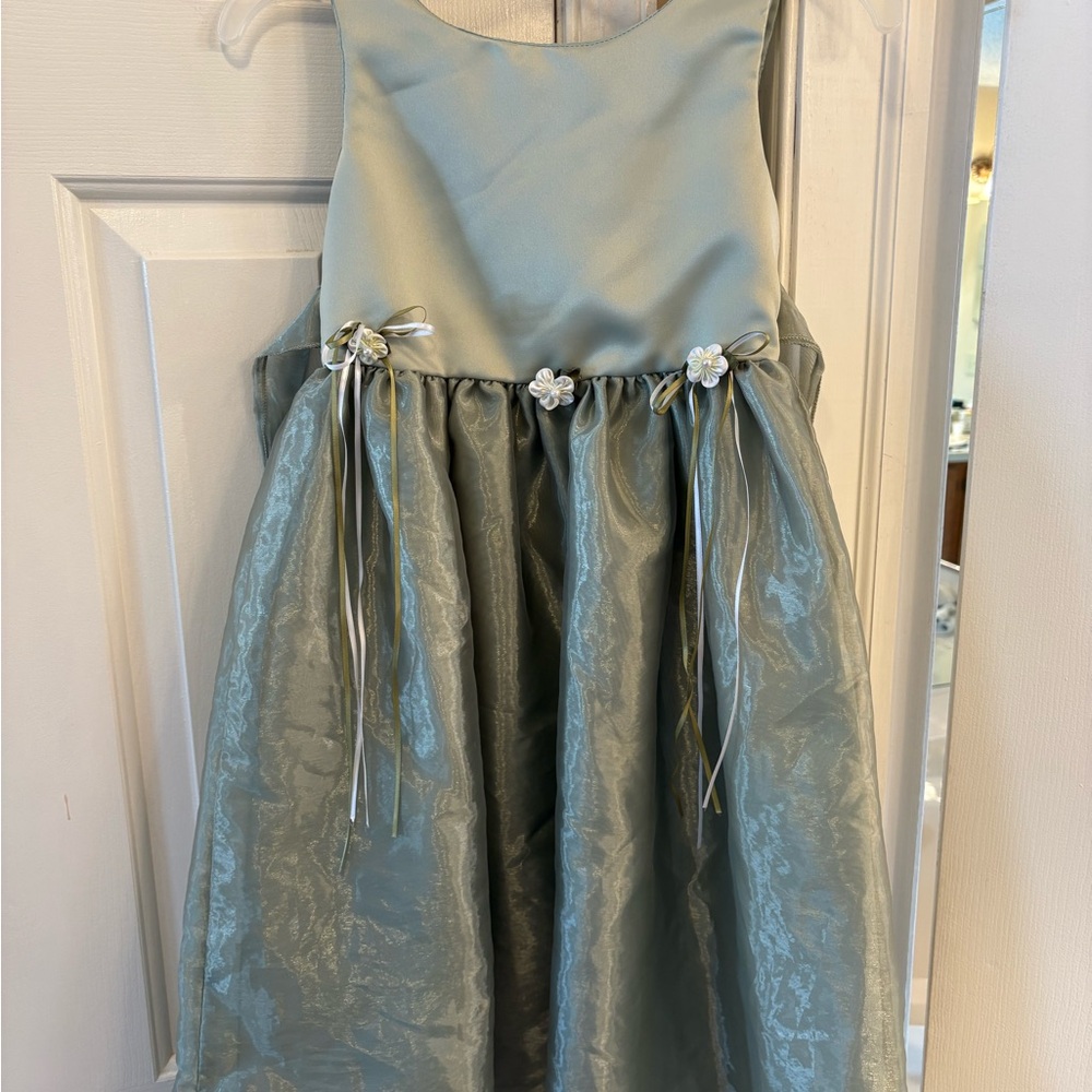 Girl’s Elegant Sage Green Sleeveless Dress with Floral Accents